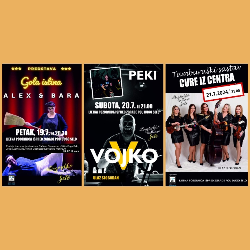 Dugoselsko kulturno ljeto: Predstava "Gola istina", besplatni koncerti na otvorenom Vojko V, Peki i Cure iz CEntra