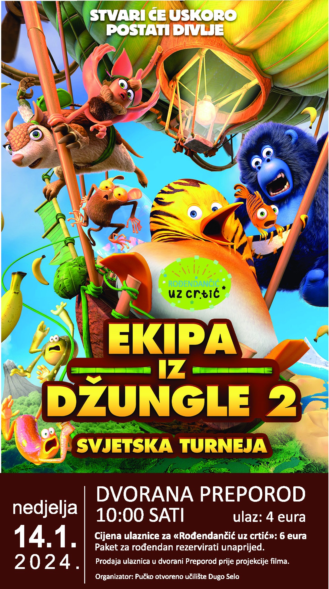 Dugoselsko kino nedjeljom: Animirani film za djecu &quot;EKIPA IZ ĐUNGLE 2: Svjetska turneja&quot;
